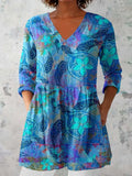 Women's Elegant Floral Pattern Cotton and Linen Top