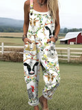 Women's Fun Farm Animals Print Casual Cotton Linen Wide Leg Jumpsuit RJ047
