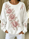 Women's White Vintage Pink Peony Floral Embroidery Art Pattern Print Casual Cotton Sweatshirt