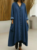 Loose Fit V-Neck Ruffle Placket Maxi Dress