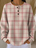 Women's Pink Plaid Pattern Print Casual Waffle Cotton Sweatshirt