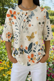 Womens Cream Floral Butterfly Cat Print Casual Shirt