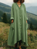 Casual Ruffle-Trim V-Neck Long Dress with Pockets