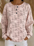 Women's Pink Tweed Texture Pattern Print Casual Cotton Henley Blouse