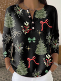 Vintage Christmas Art Print Buttoned Round Neck Long Sleeve Cardigan Sweater