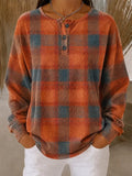 Women's Orange Teal Plaid Pattern Print Casual Waffle Cotton Henley Sweatshirt