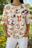 Womens Beige Cartoon Cat Mushroom Print Casual Shirt
