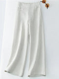 Women's Solid Color Button Half Elastic High Waist Casual Cotton and Linen Wide Leg Pants