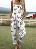 Women's Funny Farm Chicken Pattern Casual Cotton Linen Wide Leg Jumpsuit RJ007
