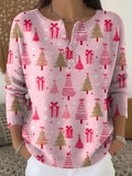 Women's Christmas Tree Art Print Buttoned Round Neck Long Sleeve Cardigan Sweater