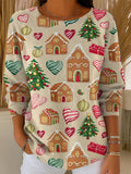 Women's Christmas Gingerbread House Print Casual Round Neck Long Sleeve Pullover Sweater