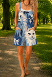 Women’s Blue White Cat Print Casual Cotton Wide Leg Romper