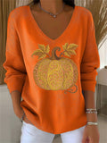 Women's Casual Trough Striped Autumn Pumpkin Floral V-neck Long Sleeve T-Shirt