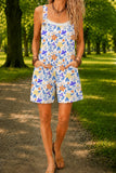Women’s White Blue Daisy Print Casual Cotton Wide Leg Romper