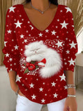 Christmas Cat Print V-neck Long Sleeve Sweater