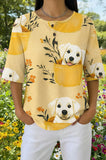 Womens Yellow Floral White Dog Print Casual Shirt