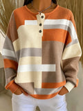Women's Orange Cream Geometric Color Block Pattern Print Casual Waffle Cotton Sweatshirt