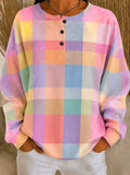 Women's Rainbow Pastel Plaid Pattern Print Casual Cotton Sweatshirt