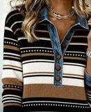 Women Striped Casual Shirt Shawl Collar Long Sleeve Button Top