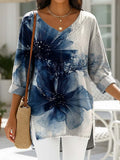 Women's Watercolor Flower Art Print Casual Denim Shirt