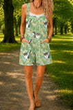 Women’s Green Floral Cat Print Casual Cotton Wide Leg Romper
