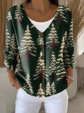 Christmas Tree Print Buttoned V-neck Long Sleeve Cardigan Sweater