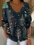 Women's Christmas Tree Print Casual V-neck Long Sleeve Pullover Sweater