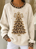 Women Casual Leopard Christmas Trees Round Neck Long Sleeve Sweatshirt