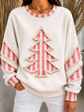 Women's Vintage Christmas Tree Art Ribbed Round Neck Long Sleeve Sweatshirt
