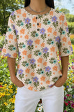 Womens Beige Multi-Color Floral Print Casual Henley Shirt