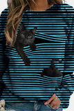 Stripe Cat Print Crew Neck Long Sleeves Sweatshirt
