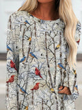 Cute Birds Print Crew Neck Long Sleeves Sweatshirt