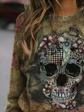 Halloween Skull Print Crew Neck Long Sleeves Sweatshirt