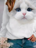 Cute Cat Print Crew Neck Long Sleeves Sweatshirt