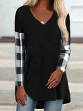Plaid Patchwork V-neck Long Sleeves Sweatshirt