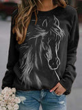 Horse Head Print Crew Neck Long Sleeves Sweatshirt