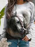 Horse Head Print O-neck Long Sleeves Sweatshirt