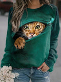 Casual Cat Long Sleeve Round Neck Print Sweatshirt