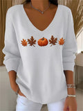 Women's Casual Autumn Maple Leaf Pumpkin Striped Long Sleeve V-Neck Top