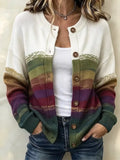 Women's Western Bohemian Color Pattern Patchwork Crew Neck Long Sleeve Sweater Cardigan