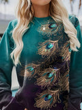 Feather Print Casual Crew Neck Sweatshirt