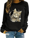 Casual Cat Print Crew Neck Sweatshirt