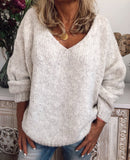 Solid Color V-neck Long Sleeves Casual Sweater