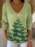 Women's Lovely Christmas Tree Print Casual V-neck Long Sleeve Pullover Sweater