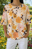 Womens Beige Ink Splash Floral Print Casual Waffle Cotton Shirt