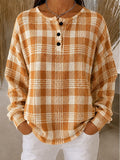 Women's Orange Cream Buffalo Plaid Pattern Print Casual Waffle Cotton Henley Sweatshirt