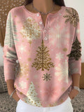 Women's Christmas Tree Pattern Art Print Buttoned Round Neck Long Sleeve Cardigan Sweater