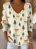 Women's Christmas Tree Art Print Casual V-neck Long Sleeve Pullover Sweater