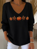 Women's Casual Autumn Maple Leaf Pumpkin Striped Long Sleeve V-Neck Top