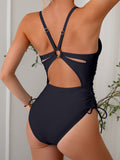 Emoswims - Womens One Piece Swimsuits Tummy Control Summer Beach Bathing Suit for Women Solid Color V Neck Back O Ring Swimwear